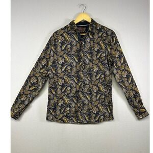 Boho Retro Consequence Women Med Navy Tobacco Paisley Floral Button Down Shirt